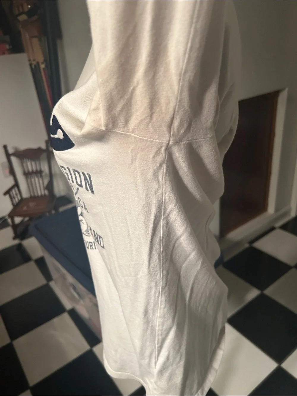 True Religion Cream Long Sleeve Tee with Navy Graphic Logo